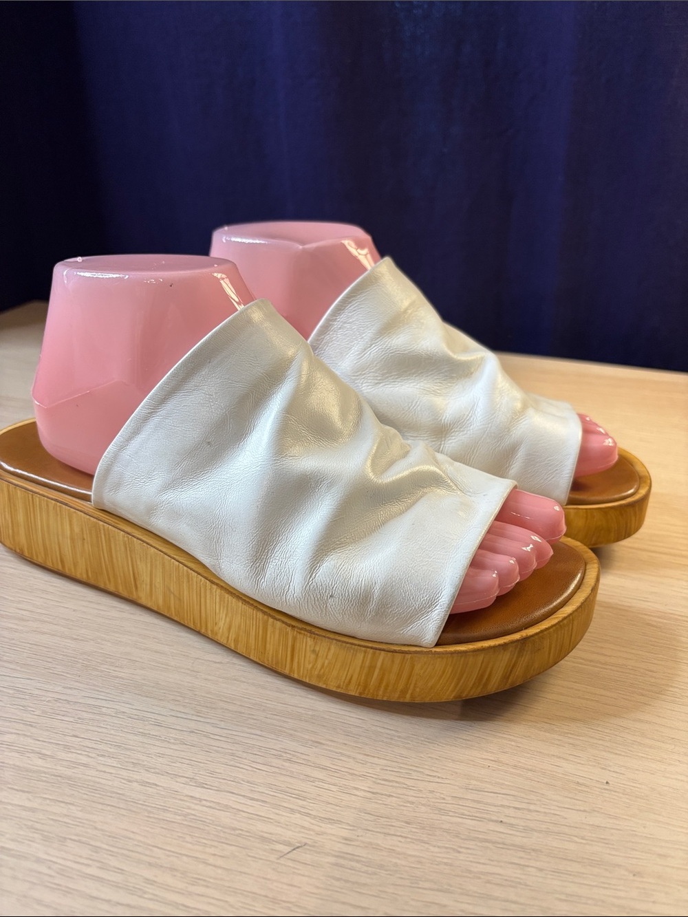 L'INTERVALLE White Leather Slide Mules with Wood-Effect Platform Made in Italy - Picture 2 of 7